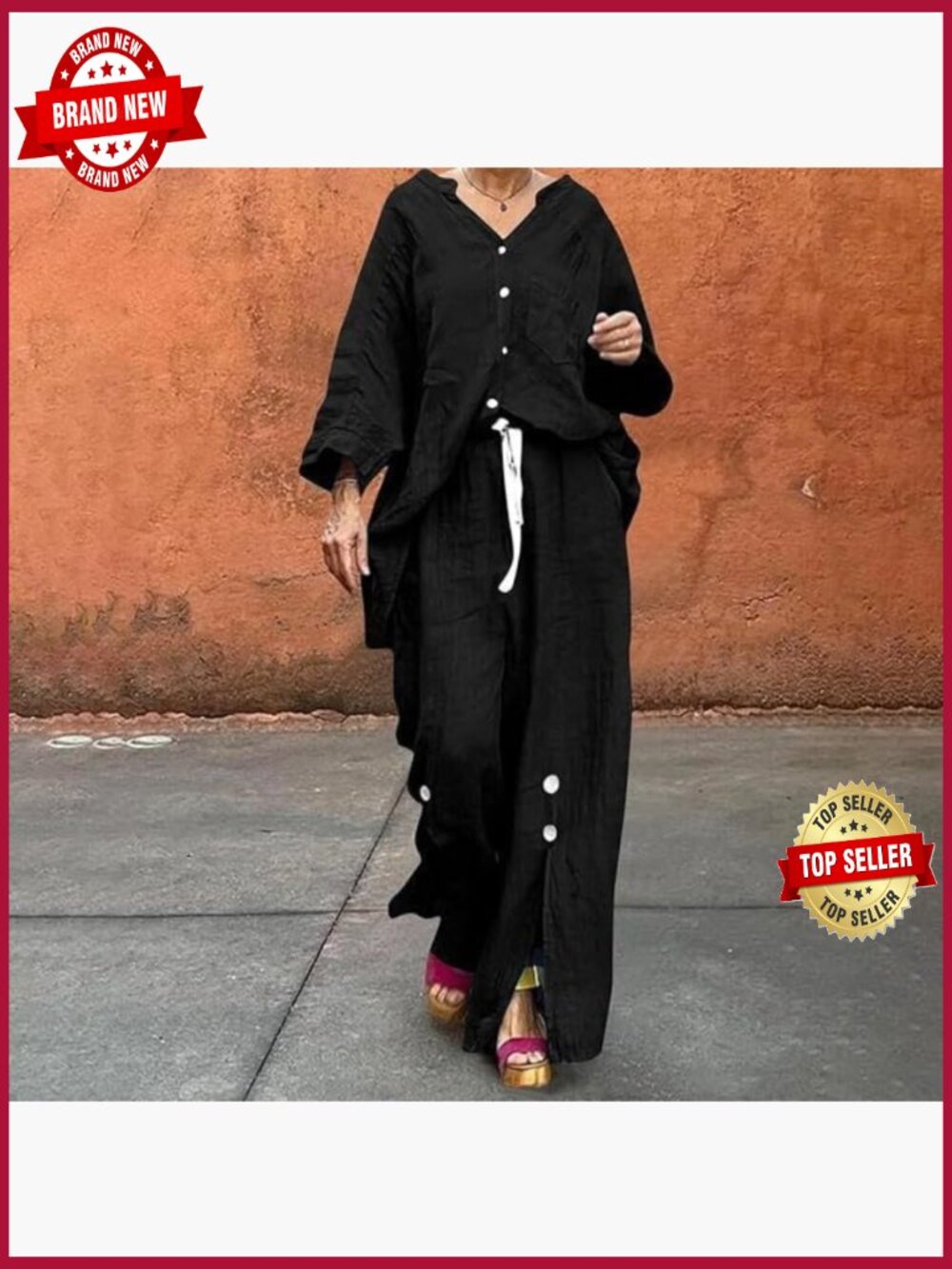 Two Piece Lounge Set: Button Cardigan & Wide Leg Pants, Polyester Cotton, Casual - Picture 4 of 6